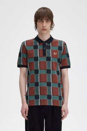 Camisa Polo Fred Perry Glitch Tartan Polo Shirt Hombre Marrom | YMXVQ47131