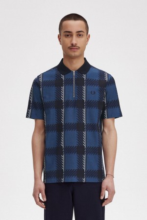 Camisa Polo Fred Perry Glitch Tartan Zip Neck Polo Shirt Hombre Azules | BMXSO90596