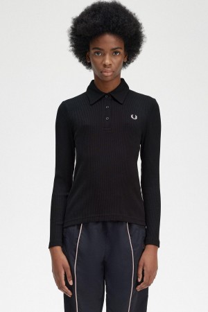 Camisa Polo Fred Perry Long Sleeve Acanalado Mujer Negros | SMXNY39023