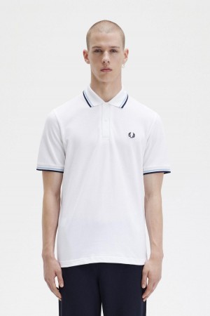 Camisa Polo Fred Perry M12 Hombre Blancos Azul Marino | MXICD39321