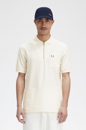 Camisa Polo Fred Perry Textured Zip Neck Polo Shirt Hombre Ecru | QMXWA41508