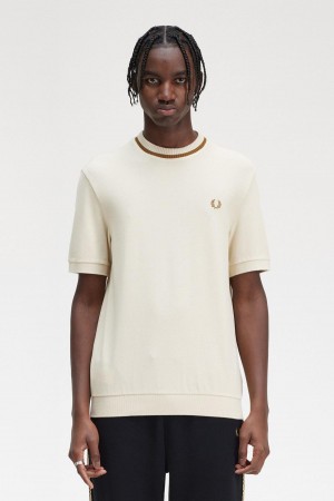 Camiseta Fred Perry Crew Neck Piqué Hombre Oatmeal | LMXTR74423