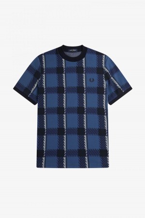 Camiseta Fred Perry Glitch Tartan Hombre Azules | MXXBR50567