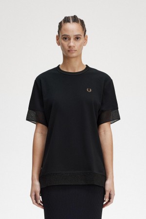 Camiseta Fred Perry Sheer Trim Piqué Mujer Negros | MXJZR68129