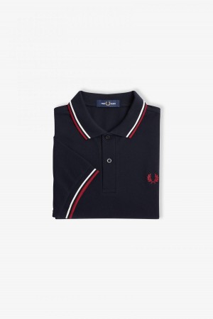 Fred Perry Shirt Fred Perry M3600 Hombre Azul Marino Blancos Rojos | DMXKV48653