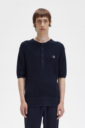 Prendas De Punto Fred Perry Acanalado De Punto Henley Top Hombre Azul Marino | MXCVG73006