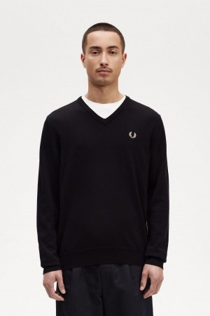 Prendas De Punto Fred Perry Classic V-Neck Jumper Hombre Negros | BMXSD38094