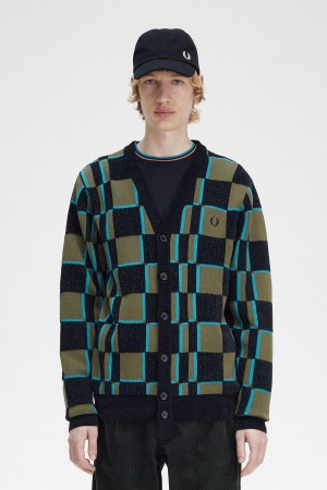 Prendas De Punto Fred Perry Glitch Chequerboard Cardigan Hombre Verdes Negros | ZMXMJ99660