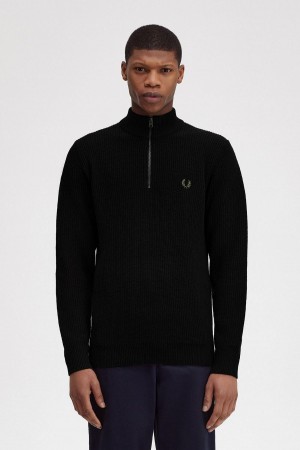 Prendas De Punto Fred Perry Textured Half Zip Jumper Hombre Negros | MMXHR75647