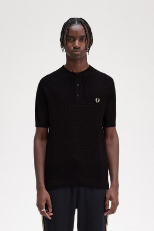 Prendas De Punto Fred Perry Waffle Stitch Henley Shirt Hombre Negros | MXDFL21672