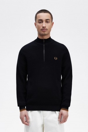 Prendas De Punto Fred Perry Waffle Stitch Half Zip Jumper Hombre Azul Marino | DMXVO87590