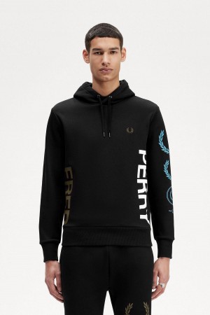 Sudaderas Fred Perry Estampados Branding Encapuchado Hombre Negros | QMXUV83088