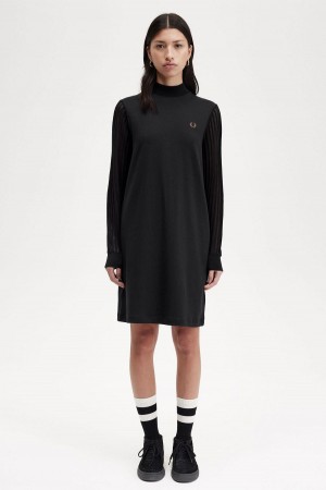 Vestido Fred Perry Sheer Sleeve Mock Neck Mujer Negros | MXNZX59563