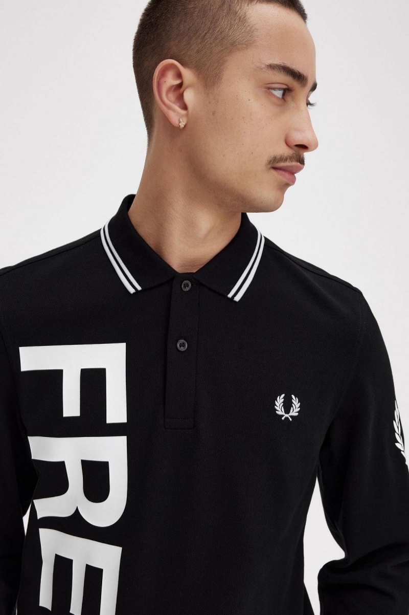 Camisa Polo Fred Perry Bold Estampados Long Sleeve Fred Perry Shirt Hombre Negros | MXNEJ11355