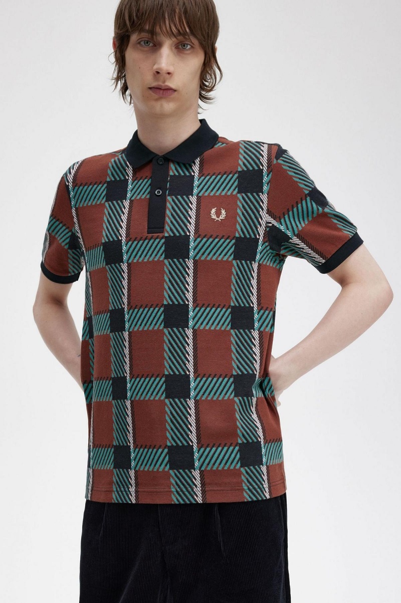 Camisa Polo Fred Perry Glitch Tartan Polo Shirt Hombre Marrom | YMXVQ47131