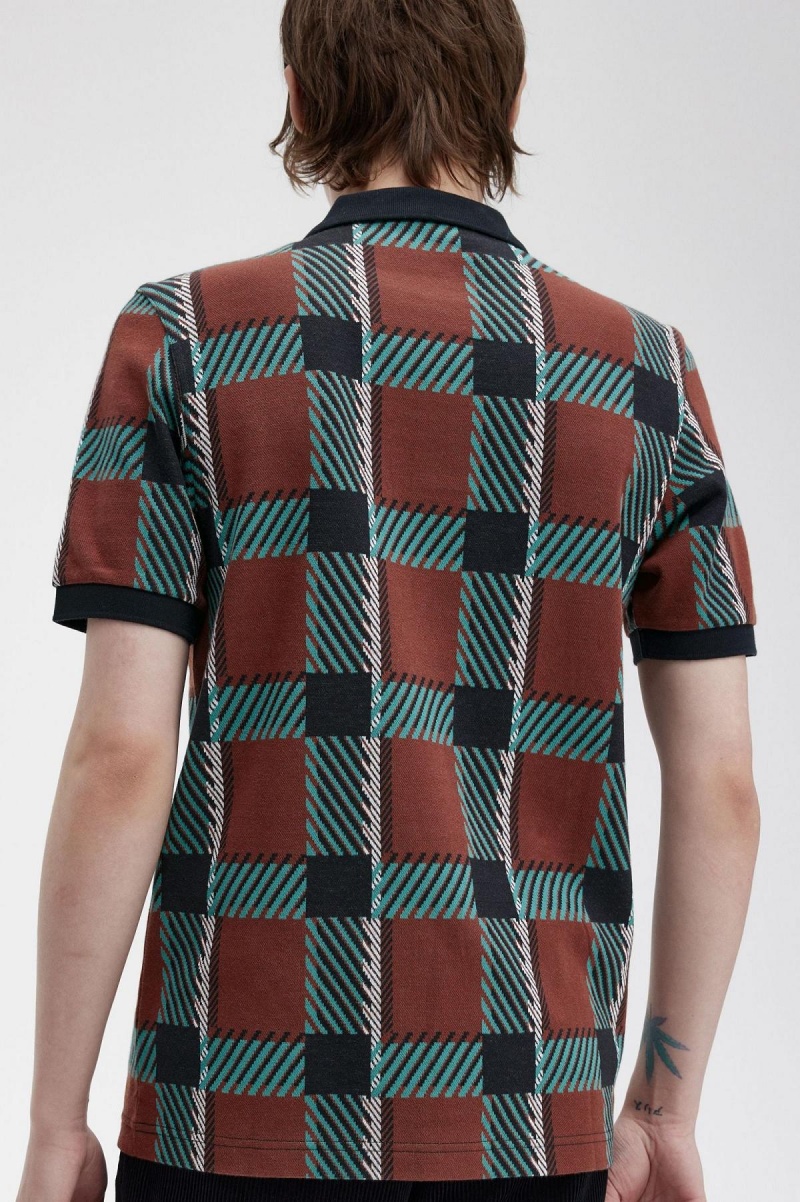 Camisa Polo Fred Perry Glitch Tartan Polo Shirt Hombre Marrom | YMXVQ47131