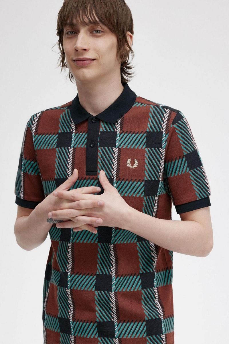 Camisa Polo Fred Perry Glitch Tartan Polo Shirt Hombre Marrom | YMXVQ47131