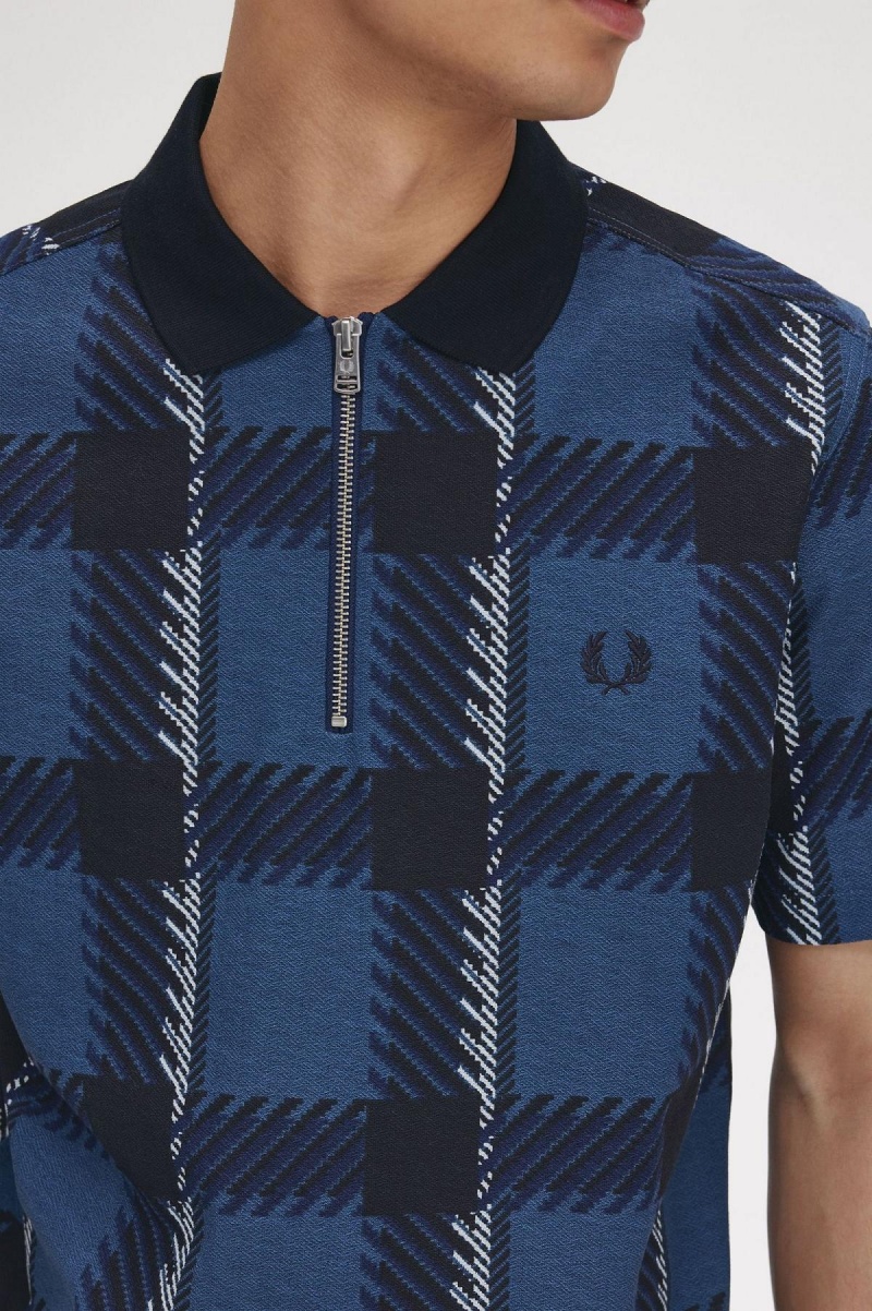 Camisa Polo Fred Perry Glitch Tartan Zip Neck Polo Shirt Hombre Azules | BMXSO90596