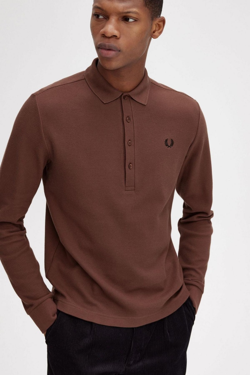 Camisa Polo Fred Perry Honeycomb Algodon Long Sleeve Polo Shirt Hombre Marrom | YMXGT77567