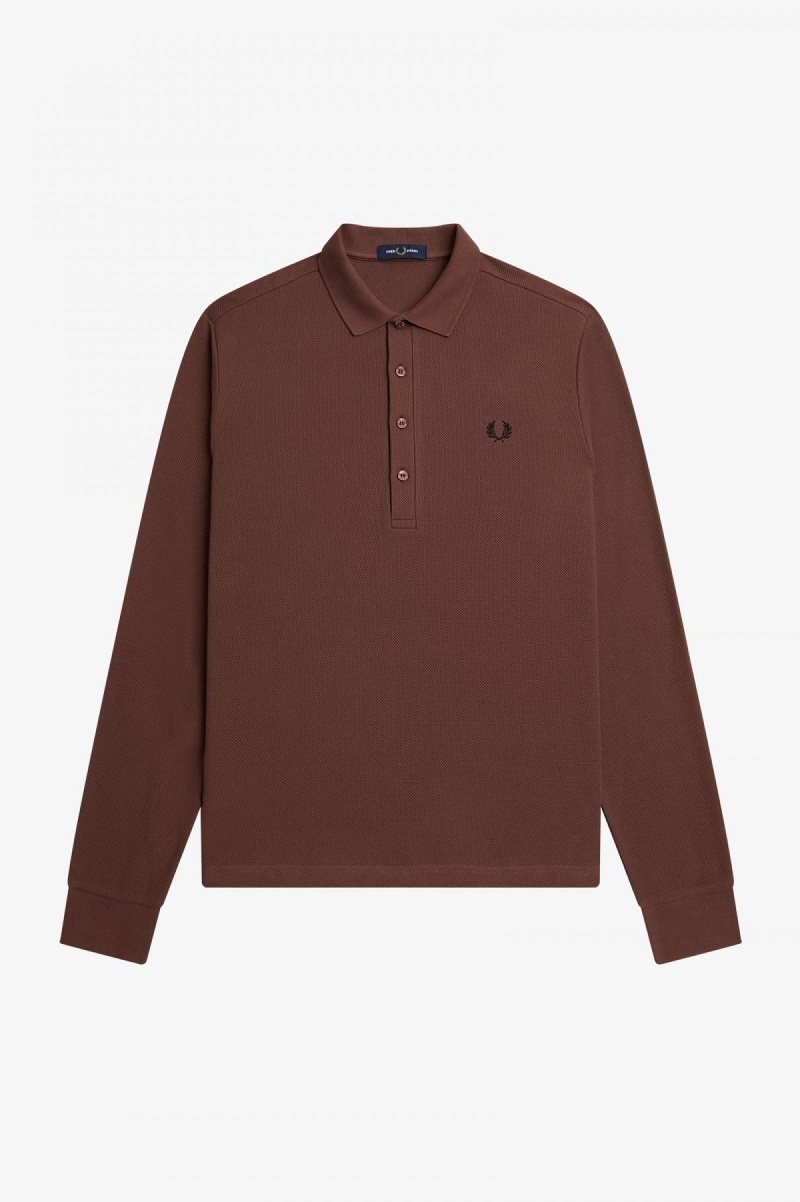 Camisa Polo Fred Perry Honeycomb Algodon Long Sleeve Polo Shirt Hombre Marrom | YMXGT77567