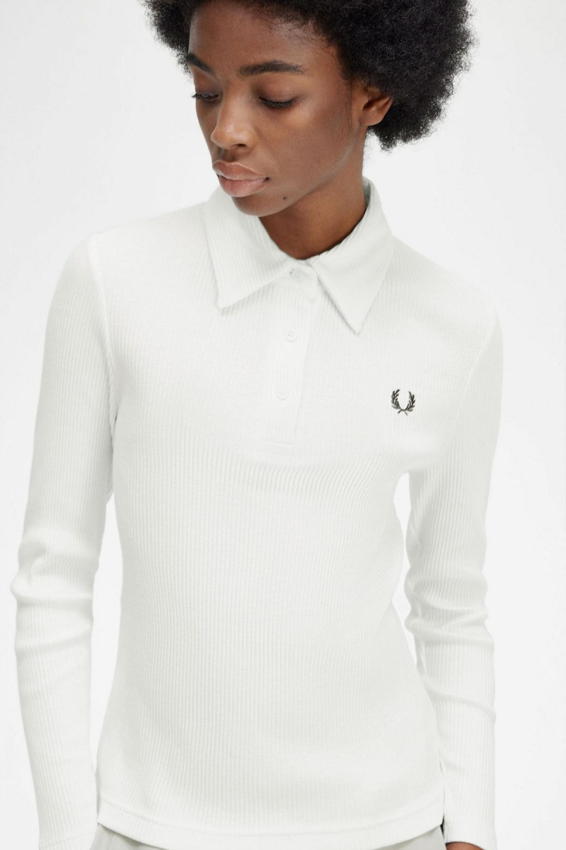 Camisa Polo Fred Perry Long Sleeve Acanalado Mujer Blancos | MXNEJ56016