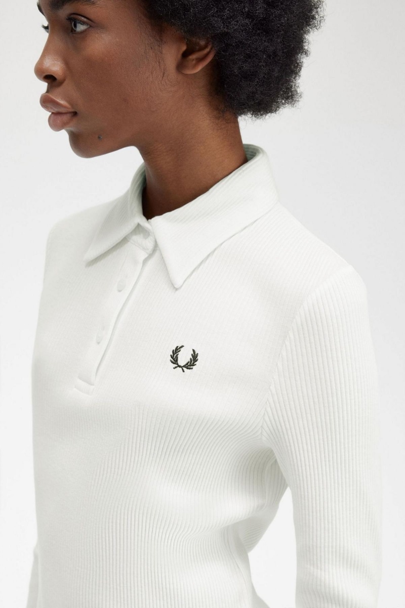 Camisa Polo Fred Perry Long Sleeve Acanalado Mujer Blancos | MXNEJ56016