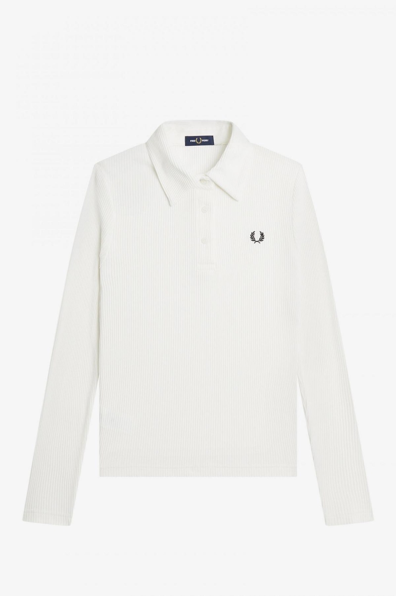 Camisa Polo Fred Perry Long Sleeve Acanalado Mujer Blancos | MXNEJ56016