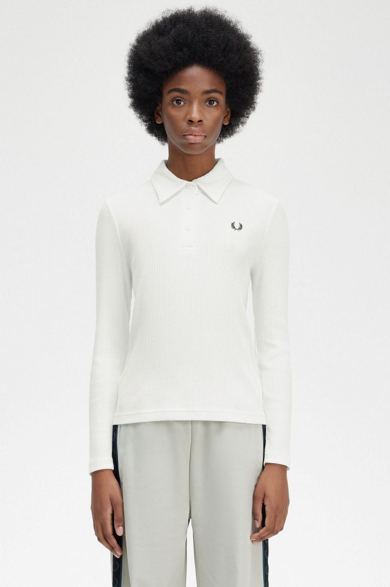 Camisa Polo Fred Perry Long Sleeve Acanalado Mujer Blancos | MXNEJ56016