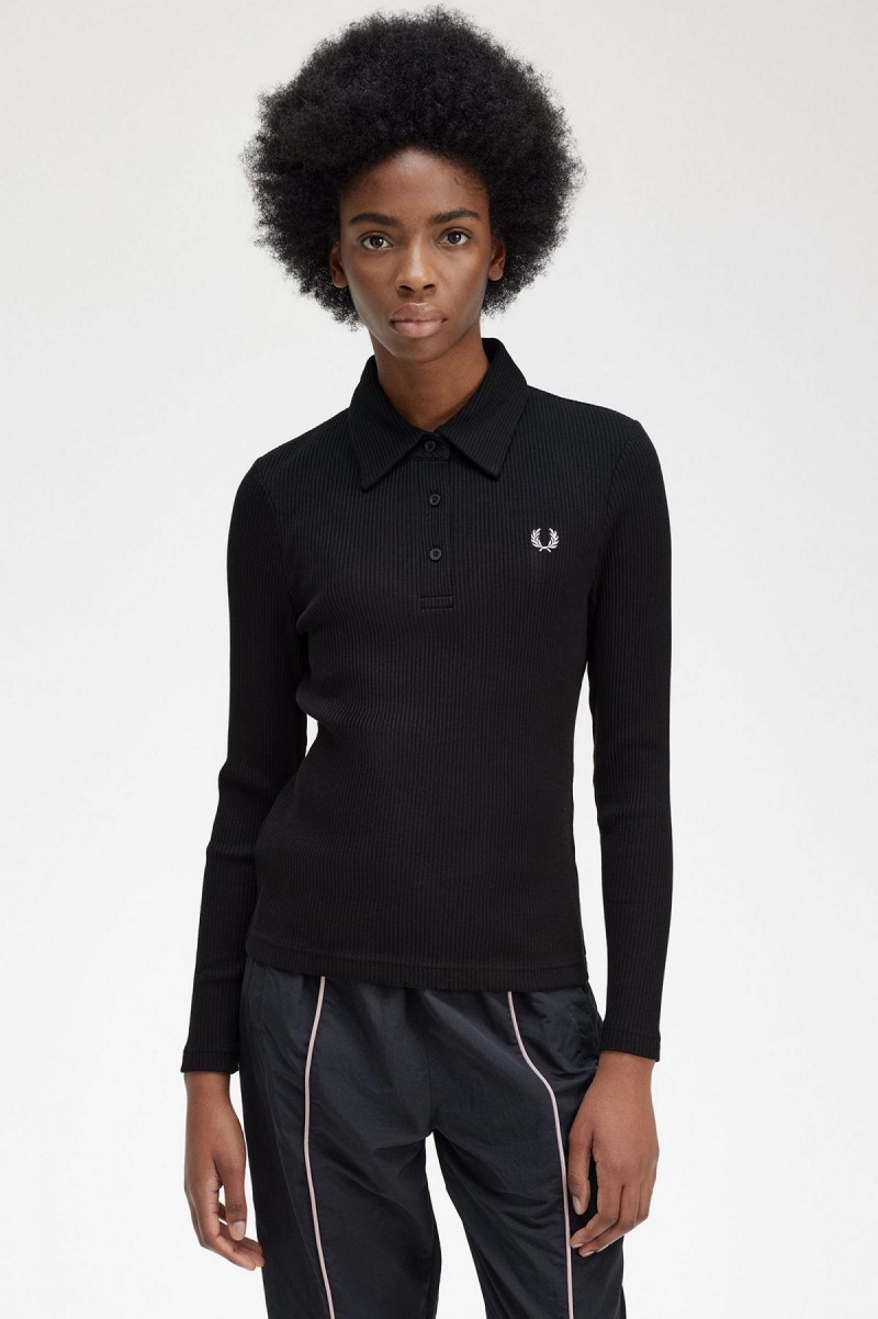 Camisa Polo Fred Perry Long Sleeve Acanalado Mujer Negros | SMXNY39023