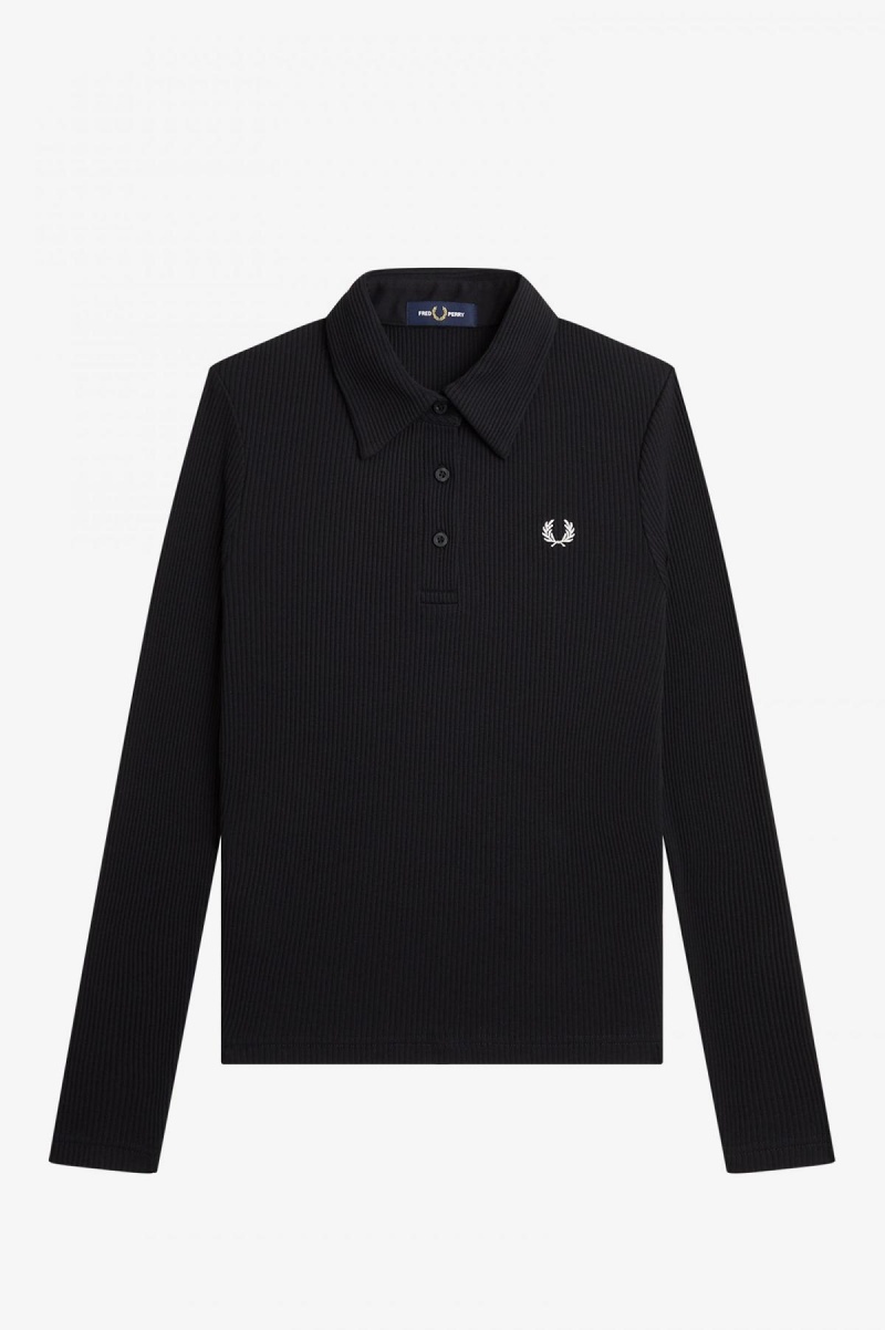 Camisa Polo Fred Perry Long Sleeve Acanalado Mujer Negros | SMXNY39023