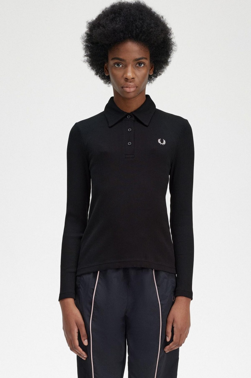 Camisa Polo Fred Perry Long Sleeve Acanalado Mujer Negros | SMXNY39023