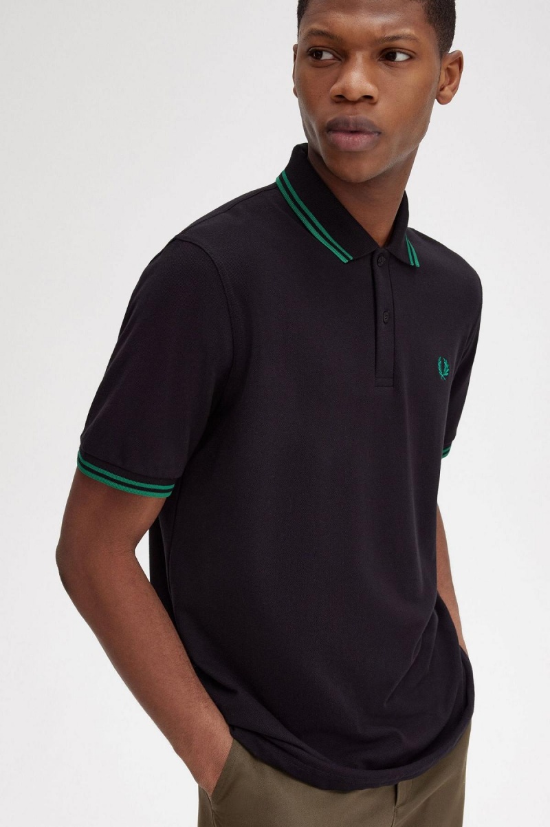 Camisa Polo Fred Perry M12 Hombre Negros Verdes Verdes | QMXUV93444