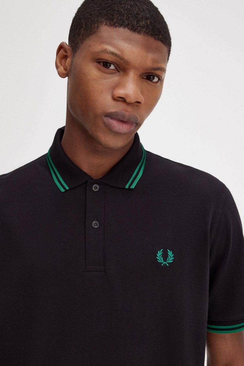 Camisa Polo Fred Perry M12 Hombre Negros Verdes Verdes | QMXUV93444