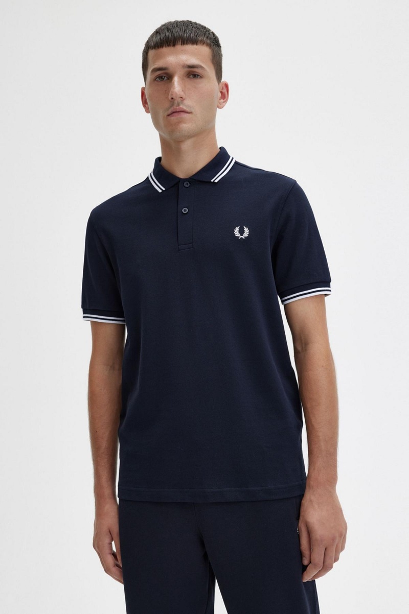 Camisa Polo Fred Perry M3600 Hombre Azul Marino Blancos Blancos | YMXGT62672