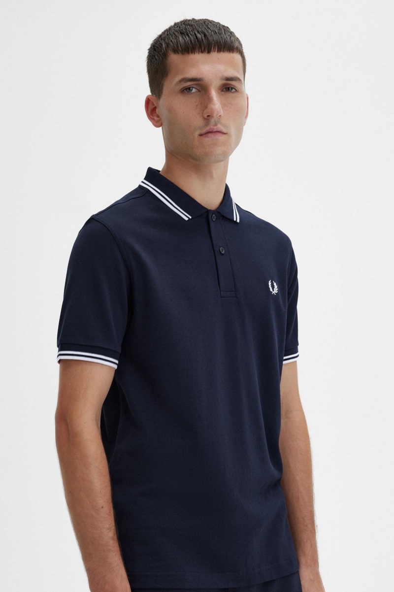 Camisa Polo Fred Perry M3600 Hombre Azul Marino Blancos Blancos | YMXGT62672