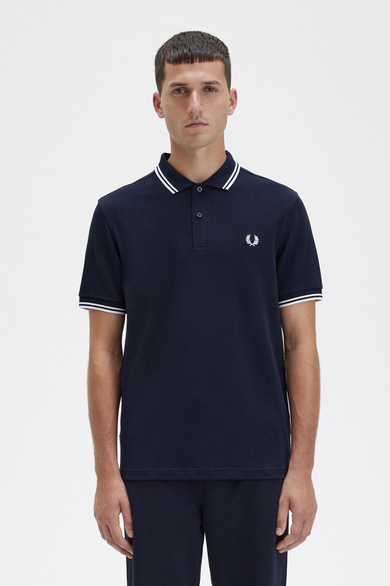 Camisa Polo Fred Perry M3600 Hombre Azul Marino Blancos Blancos | YMXGT62672