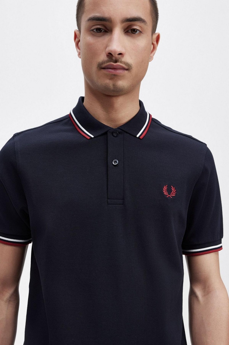 Camisa Polo Fred Perry M3600 Hombre Azul Marino Blancos Rojos | PMXER22215