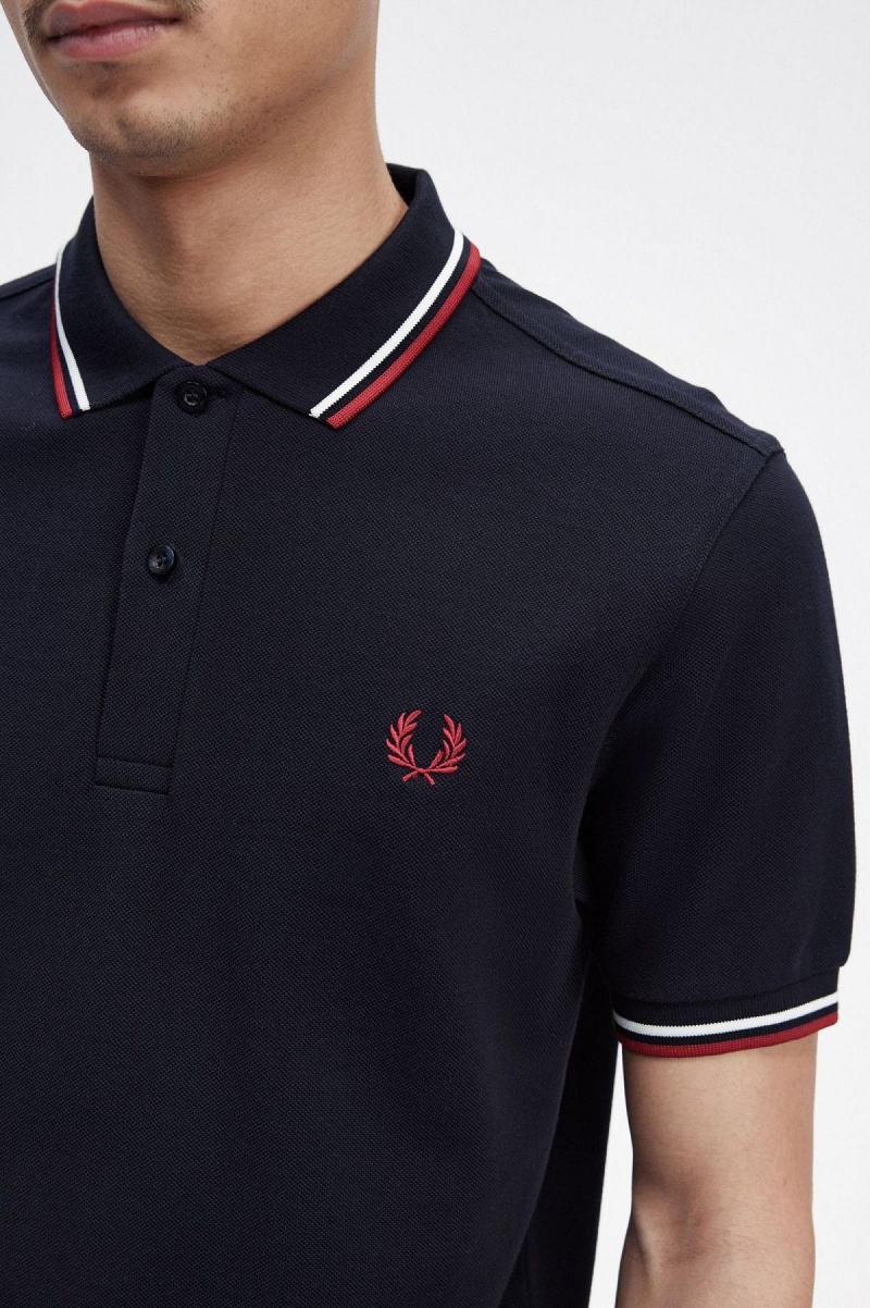 Camisa Polo Fred Perry M3600 Hombre Azul Marino Blancos Rojos | PMXER22215