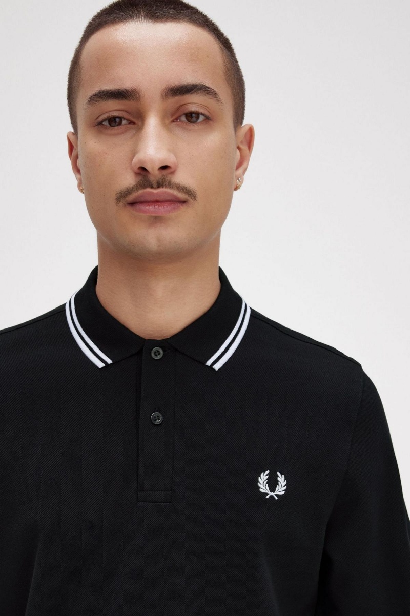 Camisa Polo Fred Perry Rave Estampados Long Sleeve Fred Perry Shirt Hombre Negros | ZMXNQ20384