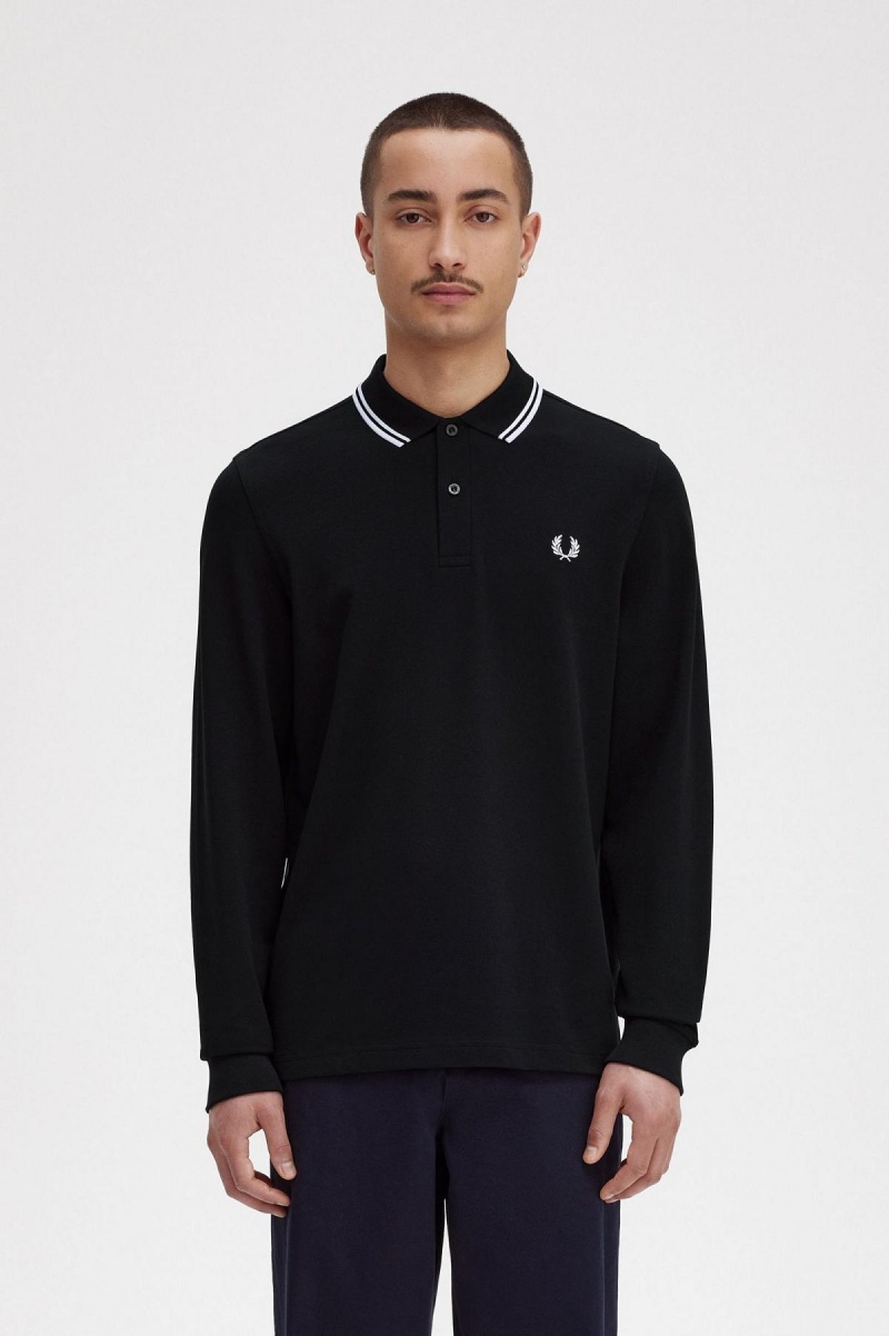 Camisa Polo Fred Perry Rave Estampados Long Sleeve Fred Perry Shirt Hombre Negros | ZMXNQ20384