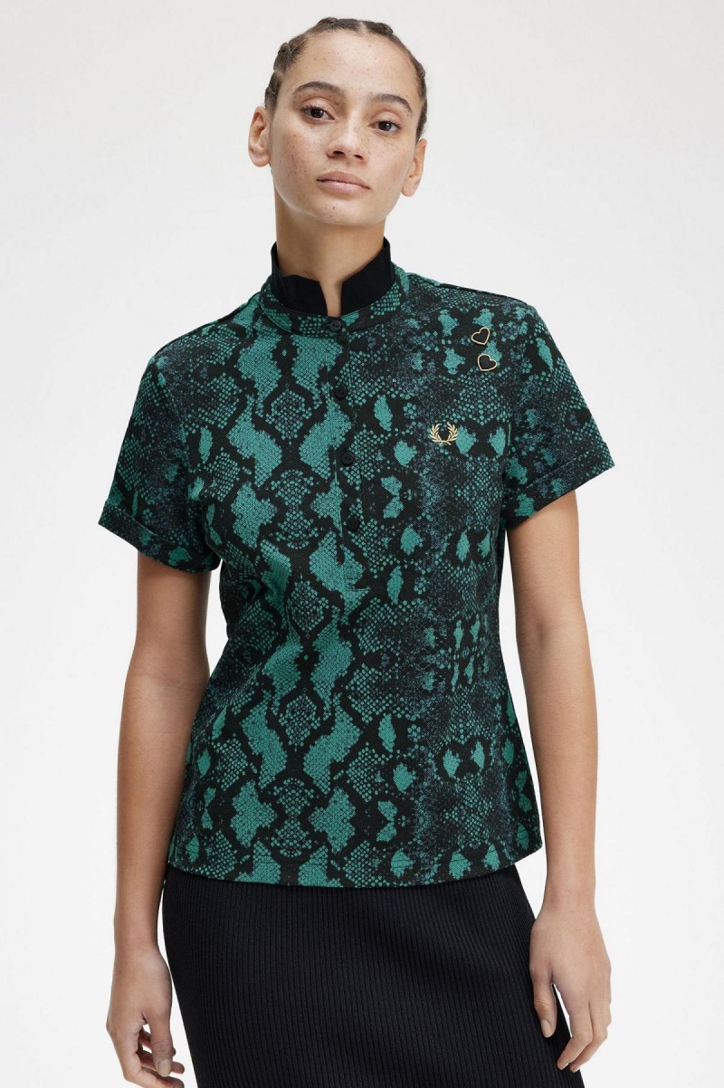 Camisa Polo Fred Perry Snake Print Mujer Verde Menta Oscuro | MXXMI98259