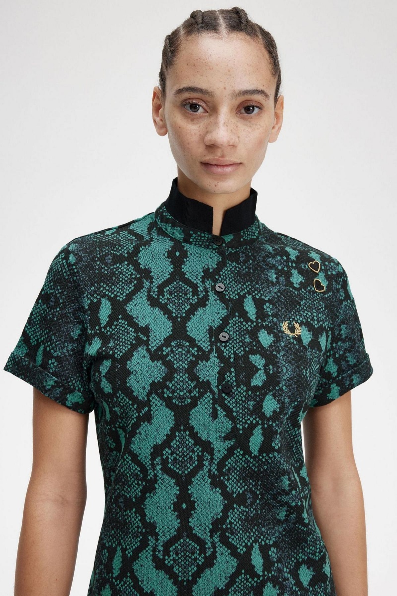 Camisa Polo Fred Perry Snake Print Mujer Verde Menta Oscuro | MXXMI98259