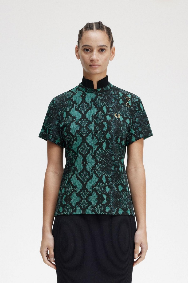 Camisa Polo Fred Perry Snake Print Mujer Verde Menta Oscuro | MXXMI98259