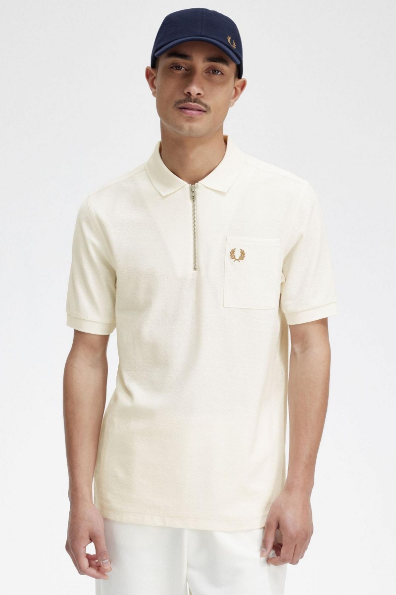 Camisa Polo Fred Perry Textured Zip Neck Polo Shirt Hombre Ecru | QMXWA41508