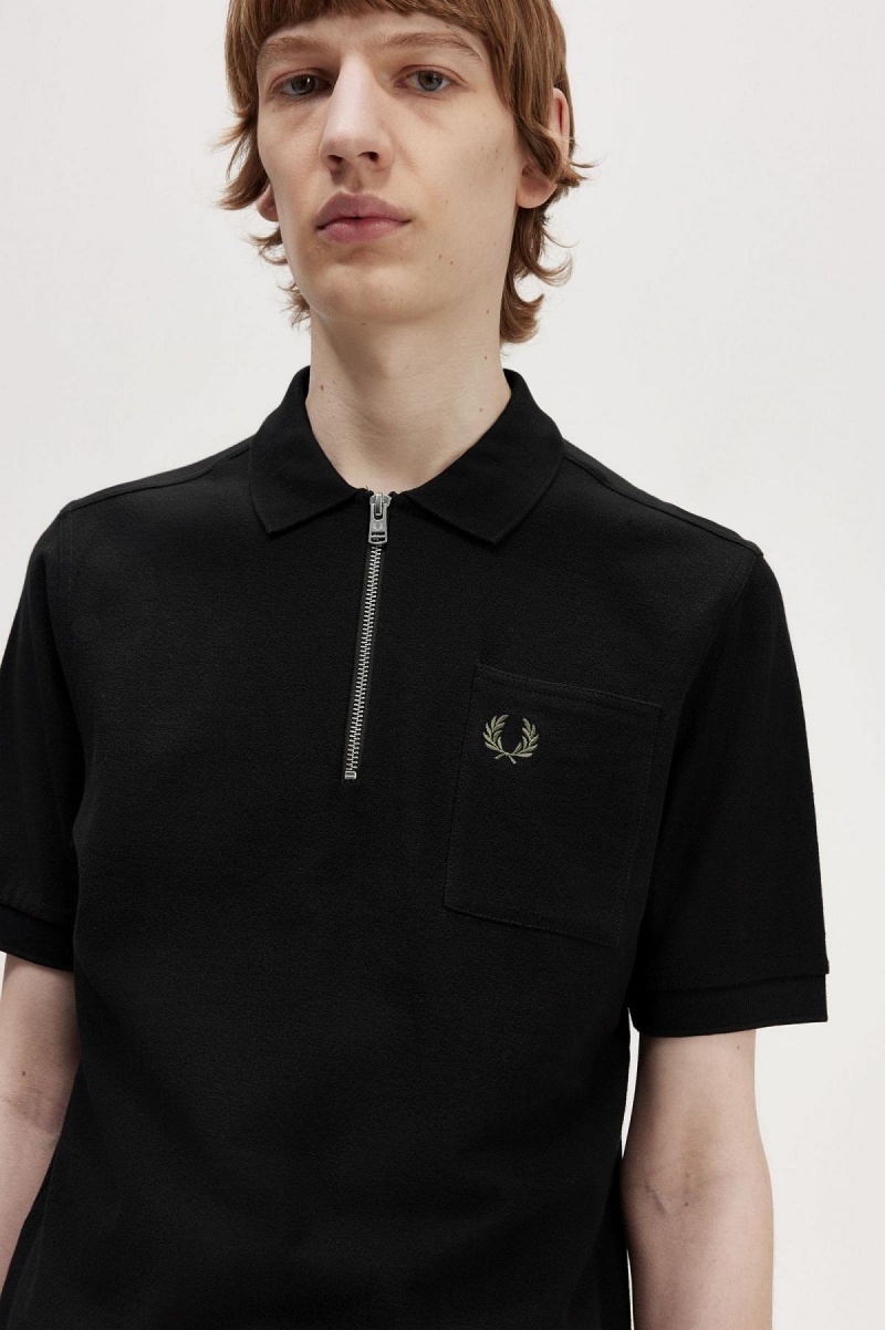 Camisa Polo Fred Perry Textured Zip Neck Polo Shirt Hombre Negros | YMXVQ20853