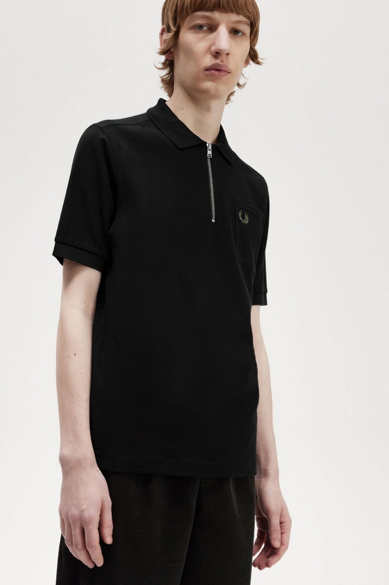 Camisa Polo Fred Perry Textured Zip Neck Polo Shirt Hombre Negros | YMXVQ20853