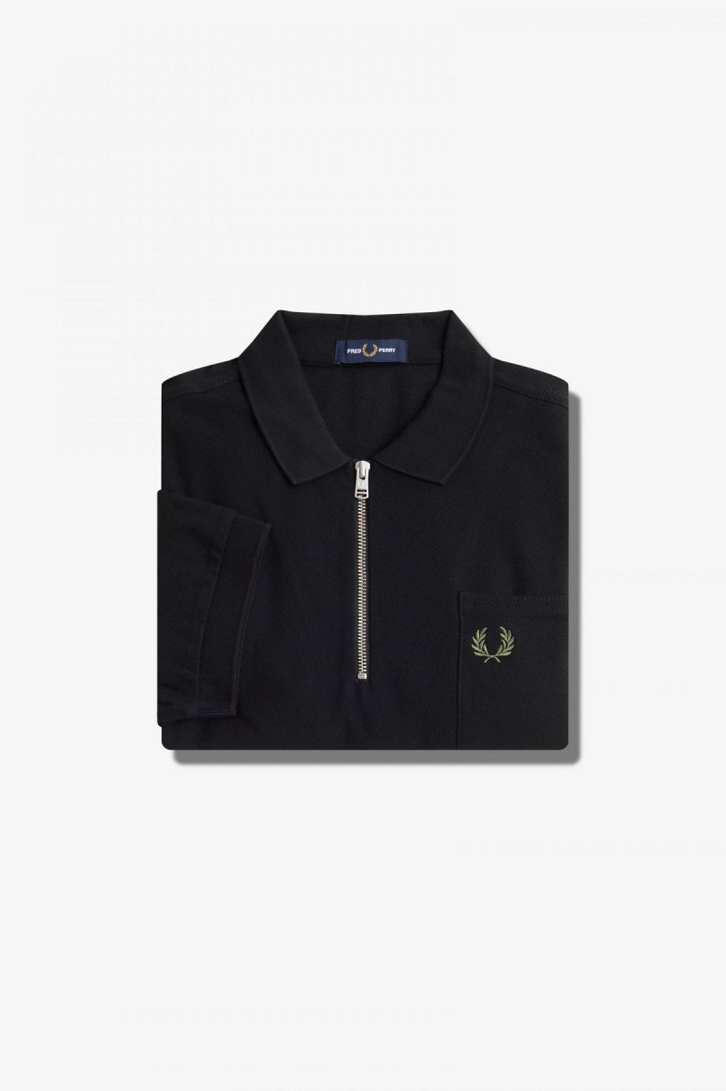 Camisa Polo Fred Perry Textured Zip Neck Polo Shirt Hombre Negros | YMXVQ20853