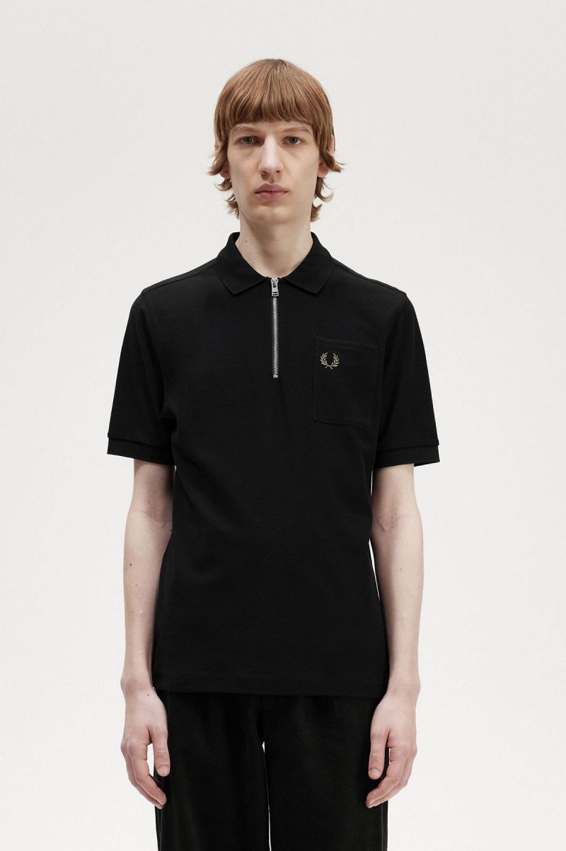 Camisa Polo Fred Perry Textured Zip Neck Polo Shirt Hombre Negros | YMXVQ20853