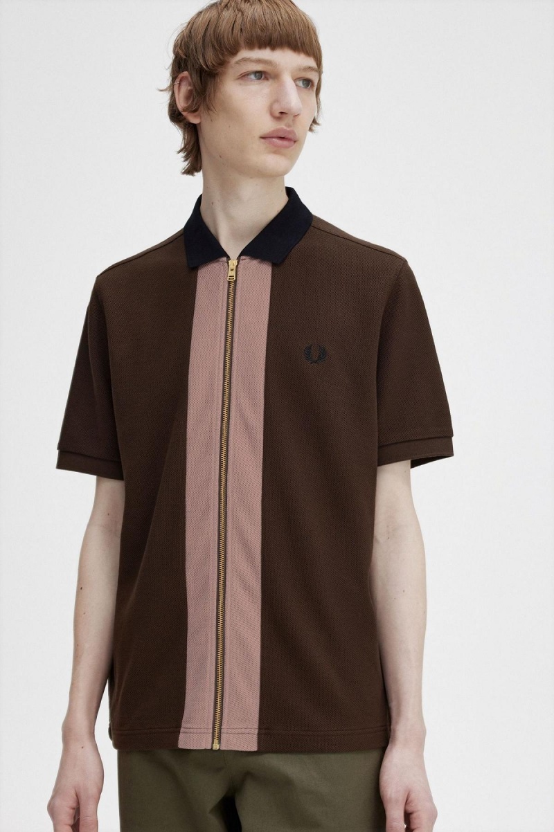 Camisa Polo Fred Perry Zip Through Polo Shirt Hombre Burnt Tobacco | MXEAH39472