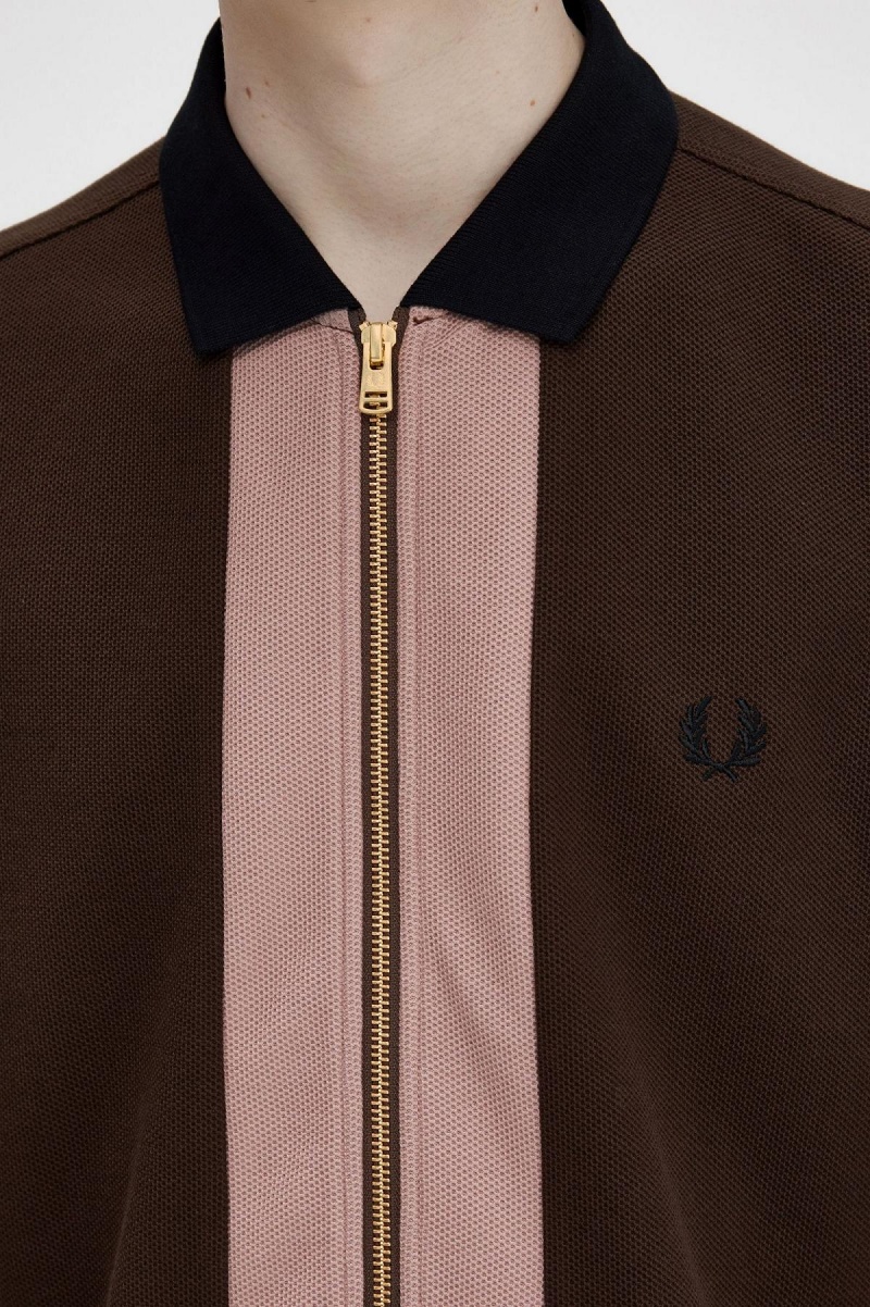 Camisa Polo Fred Perry Zip Through Polo Shirt Hombre Burnt Tobacco | MXEAH39472